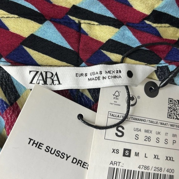 Zara Size S Sussy Shirt Dress Geo Print Maxi Bow at Neck Shift 100% Rayon NEW - Picture 10 of 14